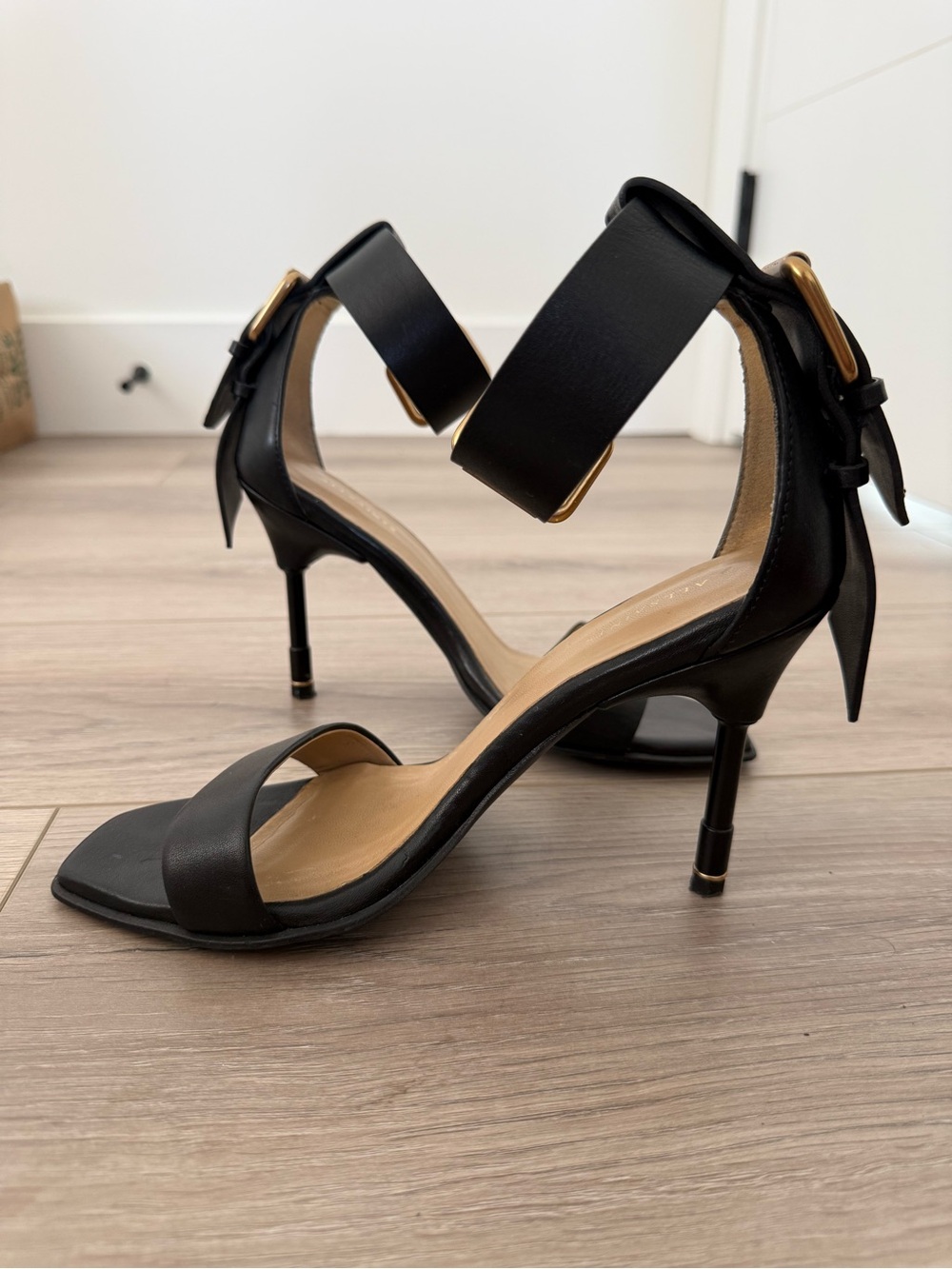 All Saints Black Leather Ankle-Strap Stiletto Heels